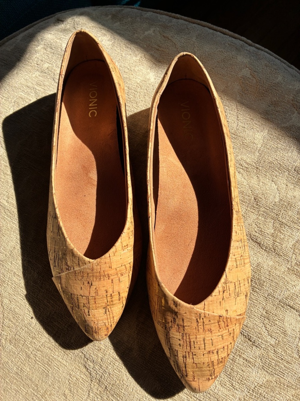 Vionic Cork-Pattern Pointed Toe Flats with Gold Shimmer Details 10